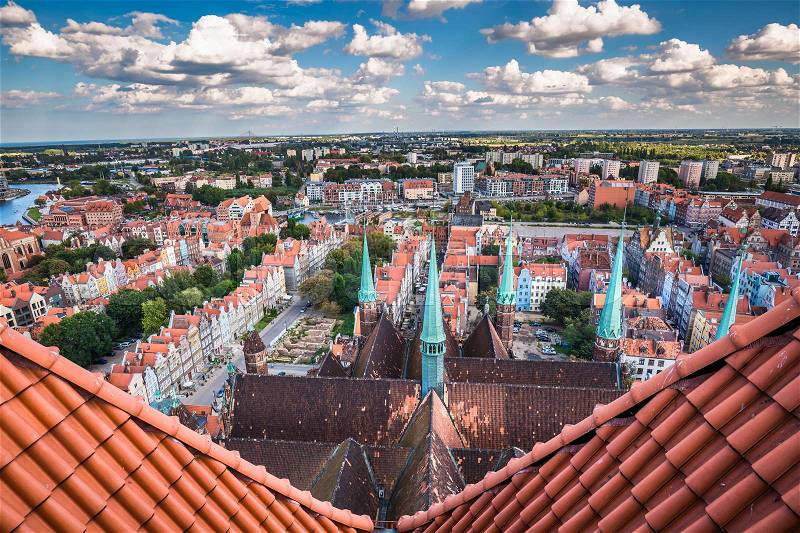 Old Town in Gdansk, aerial view from cathedral tower, Poland, stock photo