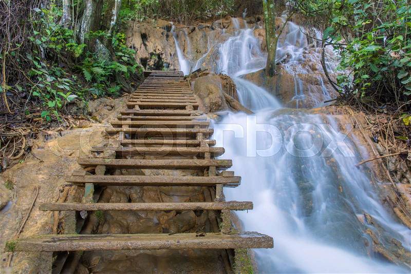 Wood Stair Steps in Tat Kuang Si Luang prabang, Laos, stock photo