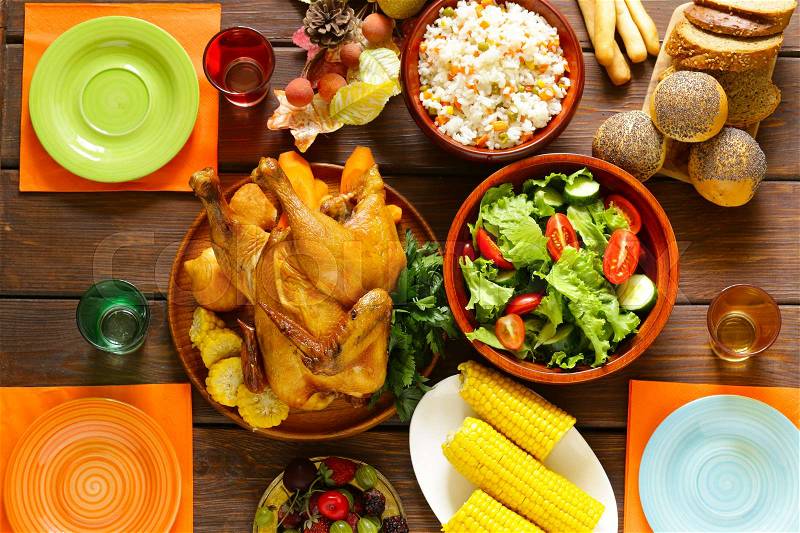 Traditional dishes for the holiday dinner of Thanksgiving Day, stock photo