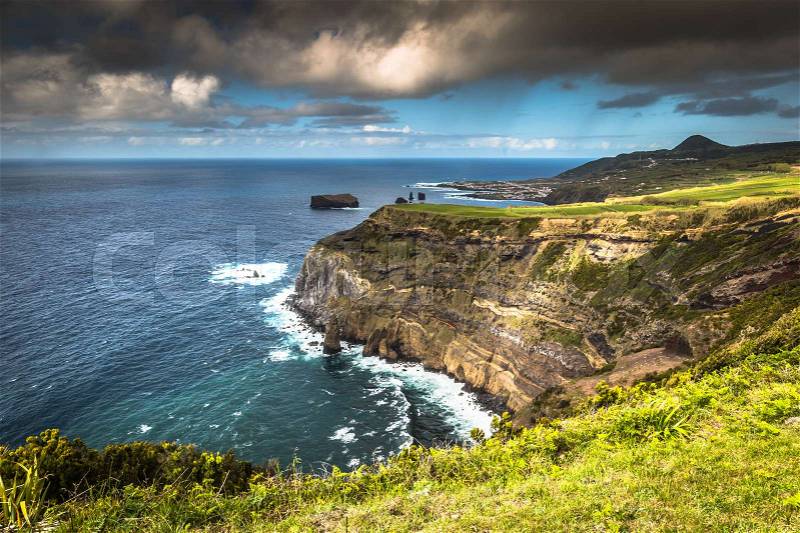 Green island in the Atlantic Ocean, Sao Miguel, Azores, Portugal, stock photo