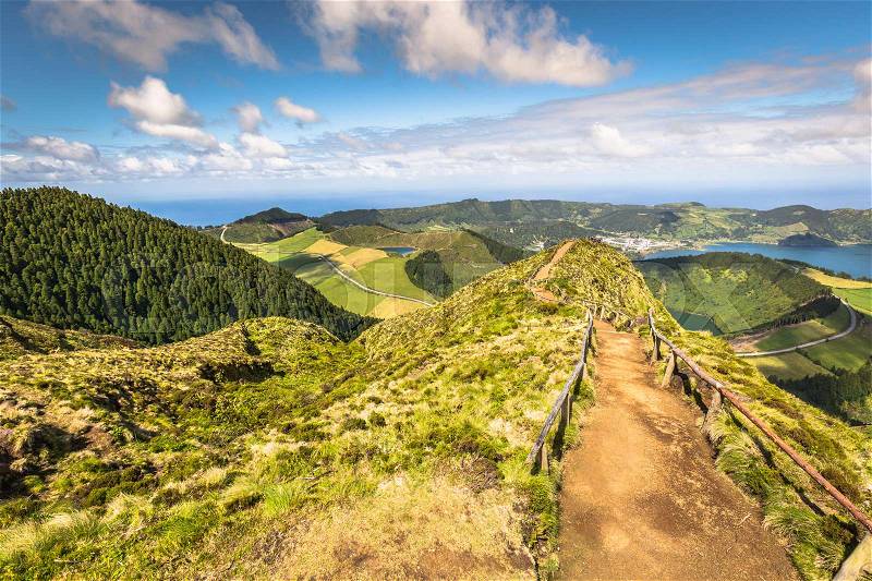 Walking path leading to a view on the lakes of Sete Cidades, Azores, Portugal, stock photo