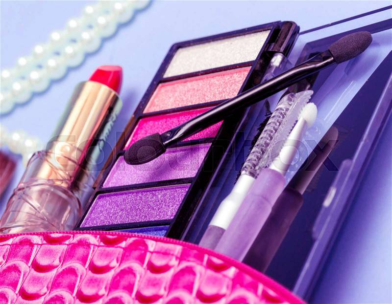 Makeup Kit Indicates Beauty Products And Brushes, stock photo