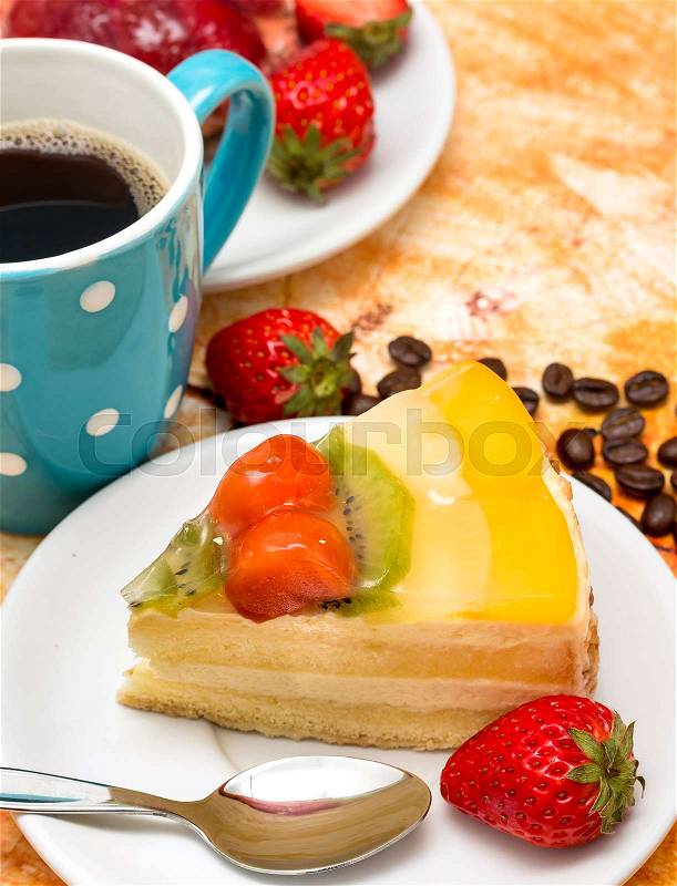 Fruit Cake Coffee Indicates Bakery Tasty And Strawberry, stock photo