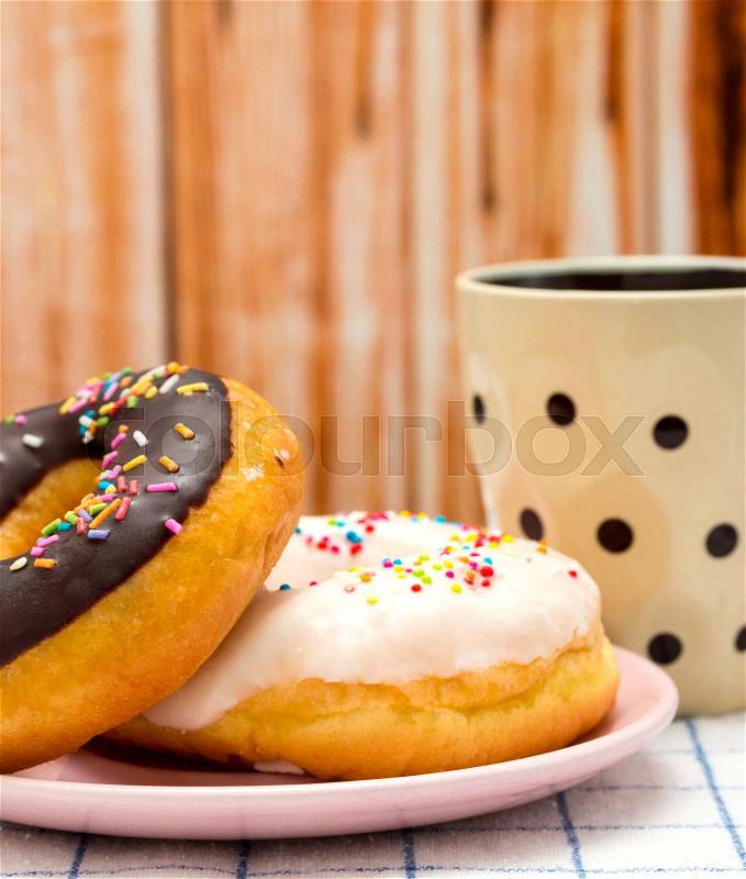 Donut And Coffee Indicates Fatty Food And Delicious, stock photo