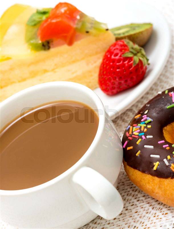 Coffee And Donut Indicates Fatty Food And Barista, stock photo