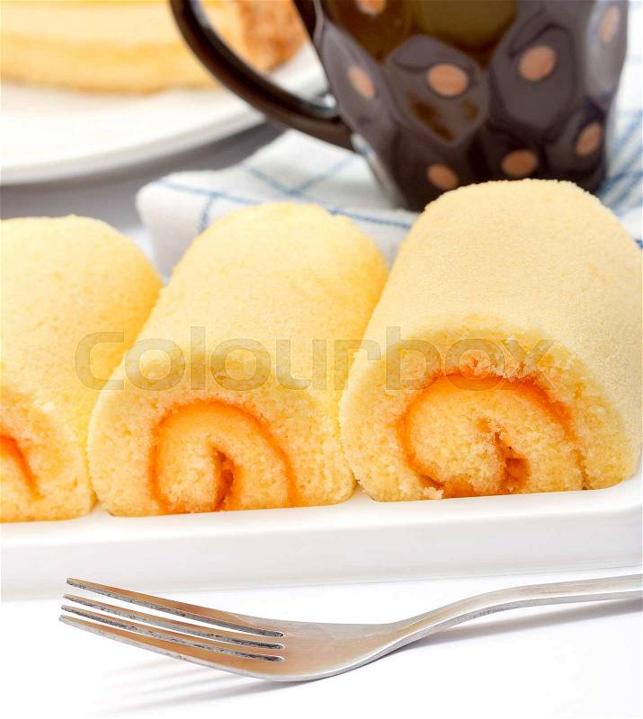 Delicious Cake Represents Swiss Roll And Cakes, stock photo