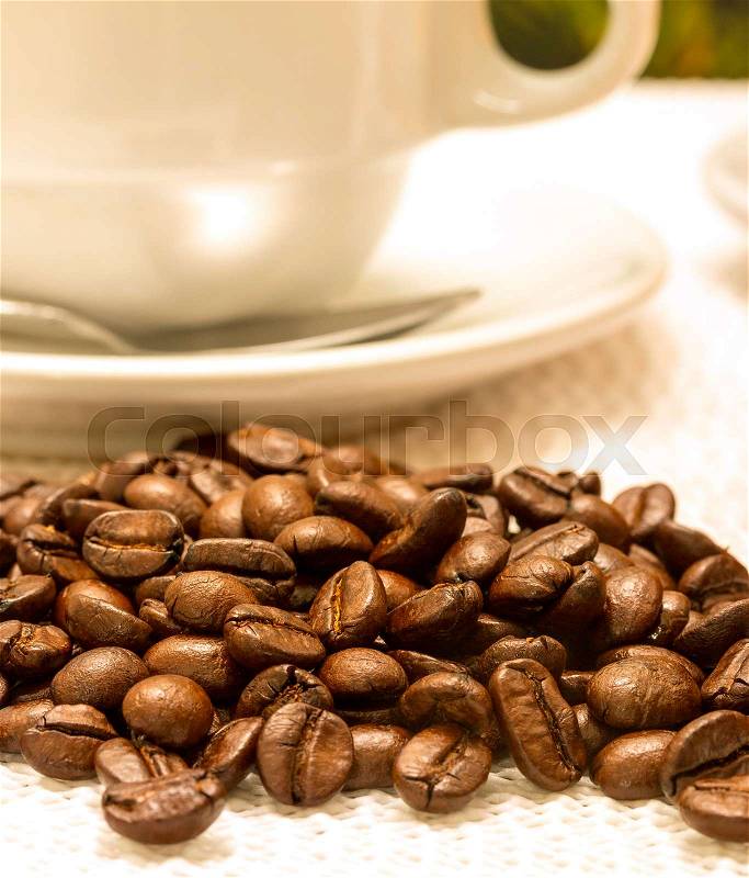 Roasted Coffee Beans Indicating Hot Drink And Java, stock photo