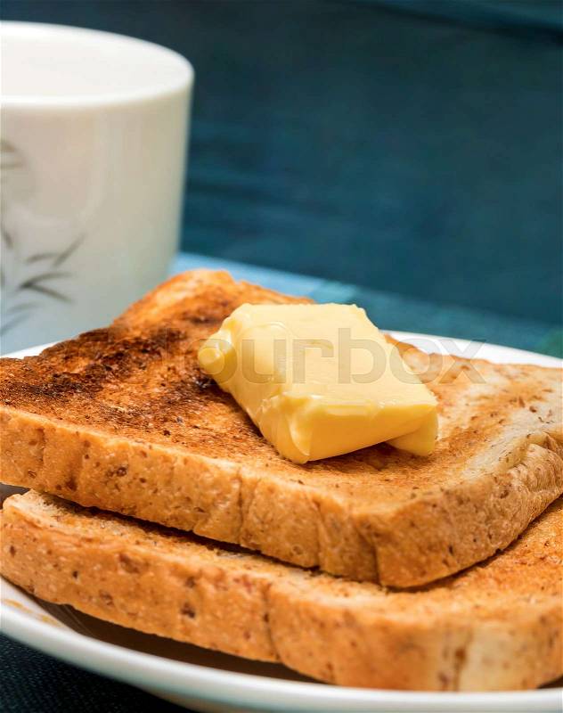 Butter Toast Slices Indicating Black Coffee And Sliced, stock photo
