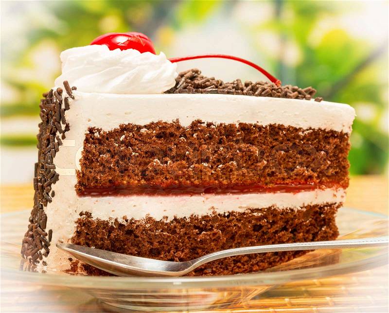 Black Forest Gateau Indicates Chocolate Cake And Appetizing, stock photo