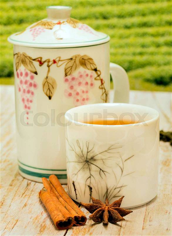Tea With Cinnamon Showing Spices Refreshed And Teacups, stock photo