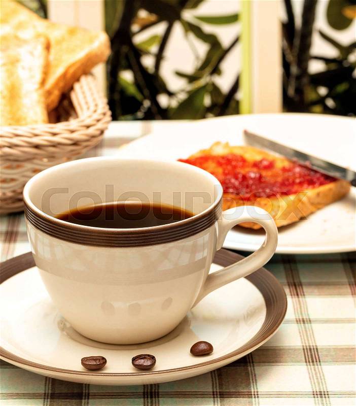 Coffee With Toast Indicating Fruit Preserves And Breakfasts, stock photo