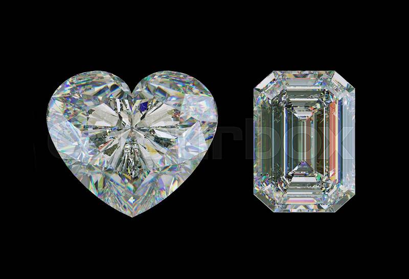 Emerald cut diamond and heart shape gemstone isolated on black. 3d illustration, 3d rendering, stock photo
