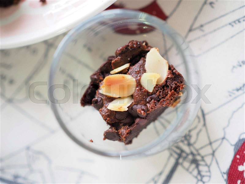 Sweet and tasty food for break time with chocolate nut brownie cake, stock photo