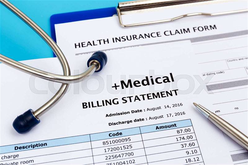 Healthcare cost concept with medical bill and health insurance claim form, stock photo