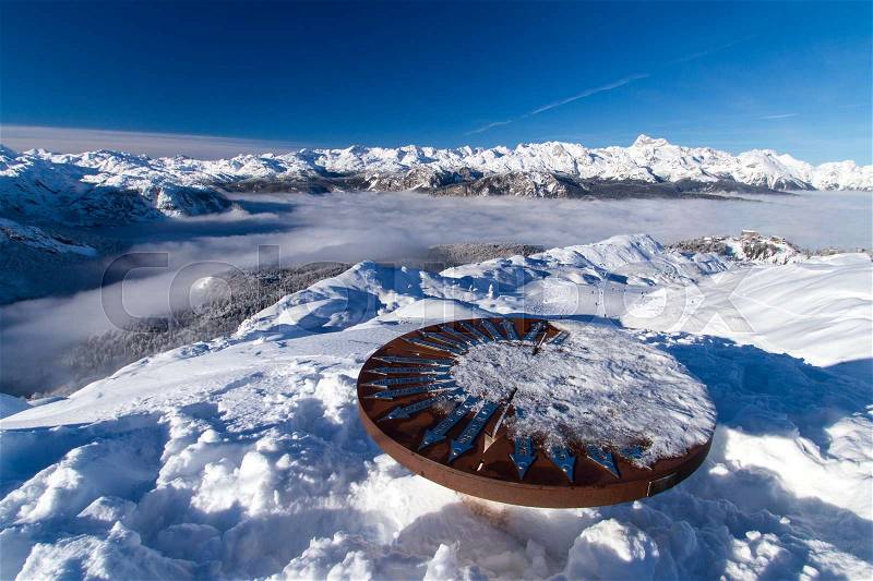 Orientation table on top of mountain Vogel, ski slope in slovenian Alps, Slovenia, stock photo