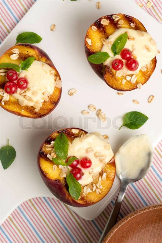 Delicious Grilled peaches dessert, stock photo