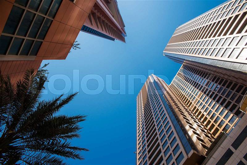 Modern tall skyscrapers in Dubai, stock photo