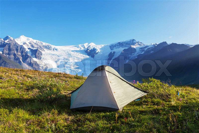 Hicker\'s tent in the mountains, stock photo
