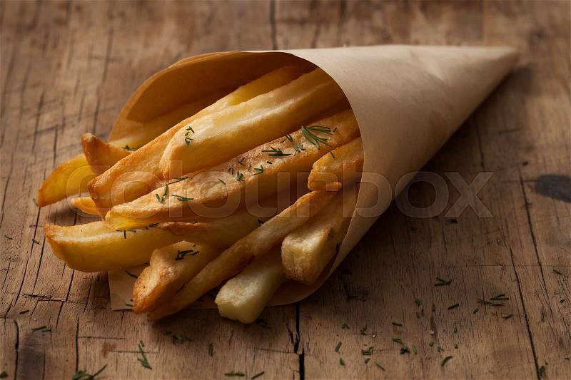 Fries french herb still life wood background rustic snack close up macro dill, stock photo