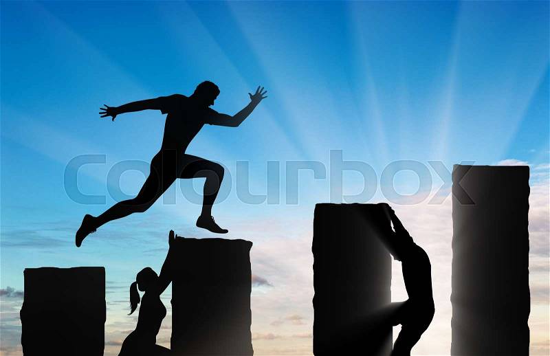 Business risks and competition concept. Running businessman jumps over precipices and competitors, stock photo