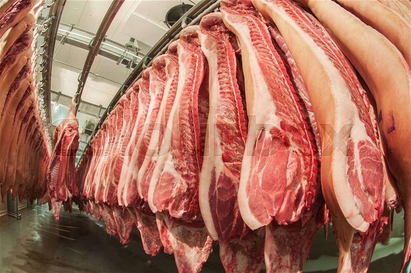 Fresh meat pigs in a cold cut factory, stock photo