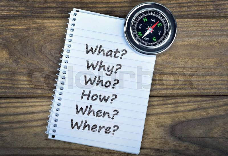 Questions text and metallic compass on wooden table, stock photo
