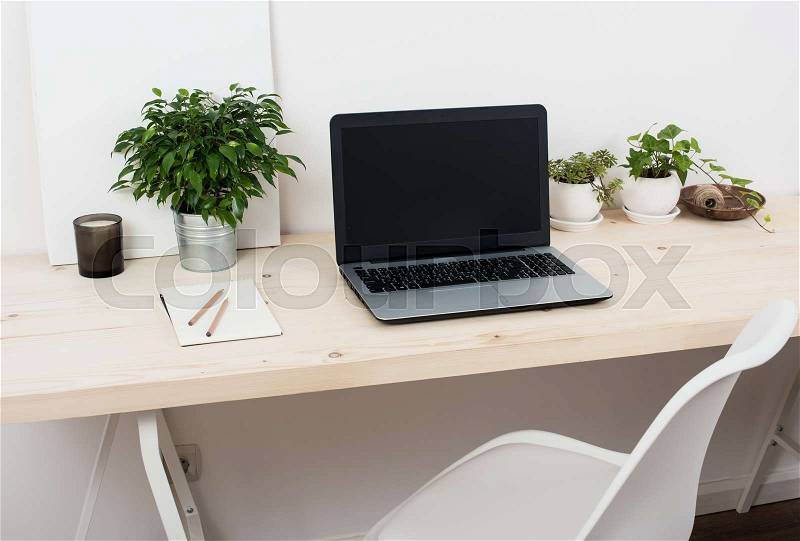 Scandinavian style startup work space, white minimalist office, modern business interior, stock photo