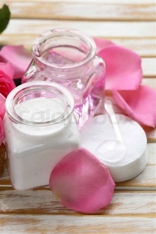 Natural organic cosmetics cream and rose water, stock photo