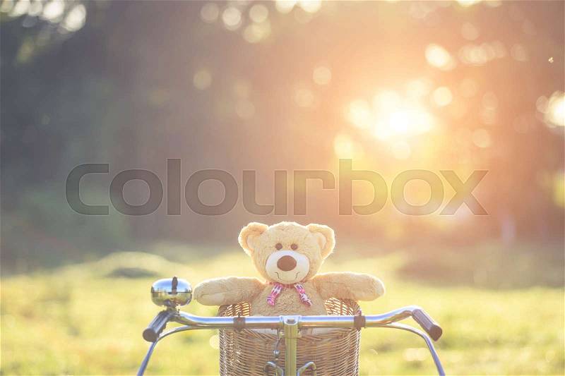 Close up lovely brown teddy bear in rattan basket on vintage bike in green field with lens flare. Warm toning effect. Retro and vintage style, stock photo