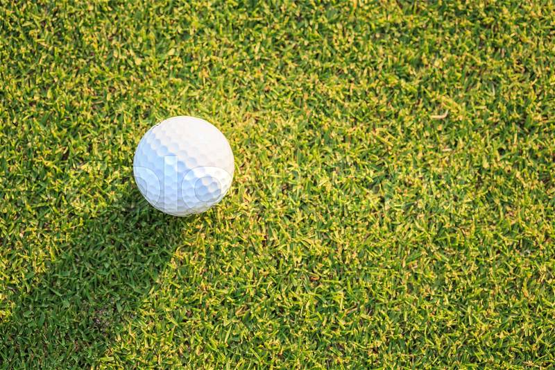 Close up golf ball on green grass in course, stock photo