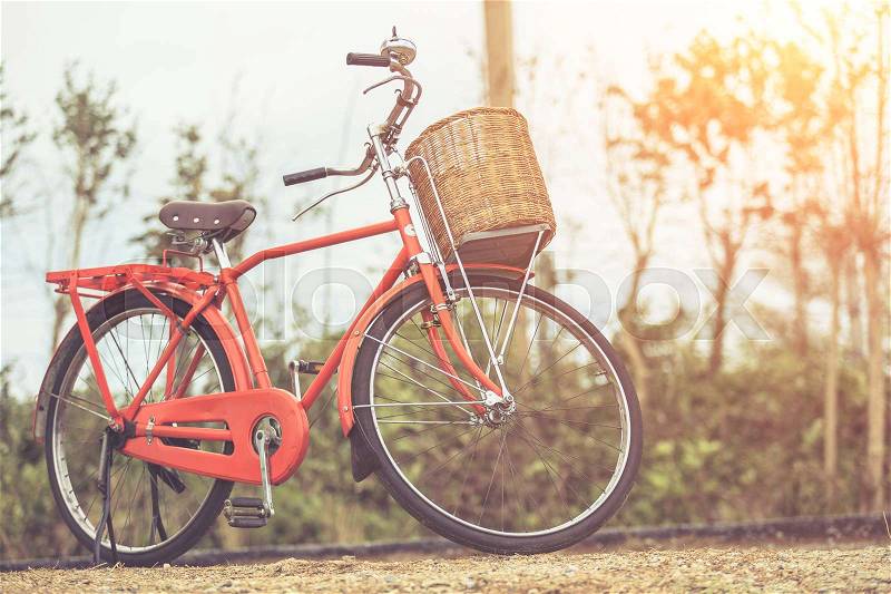 Red Japan style classic bicycle at ocean view point, Vintage filter effect, stock photo