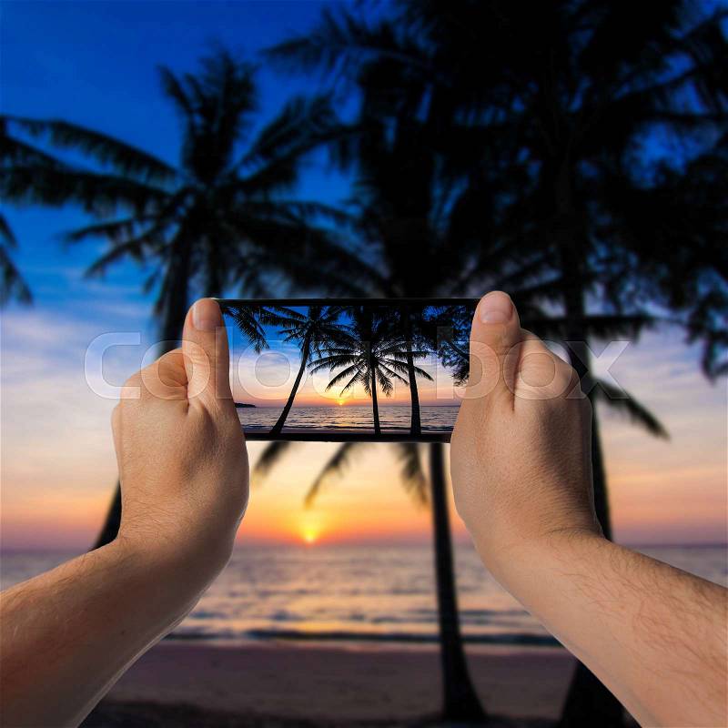Nice sunset. Tropical sunset, palm trees. Hand with a smartphone. Taking photo, stock photo