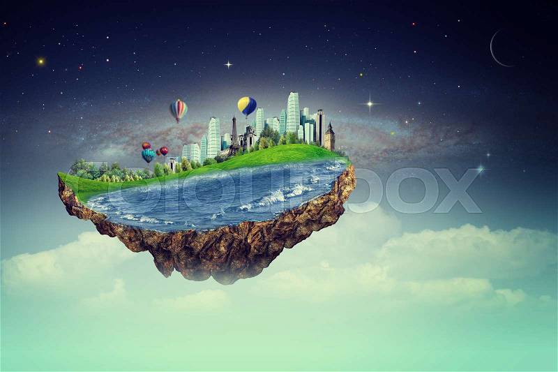 Flying island. Eco concept with fantastic island against beautiful night sky, stock photo