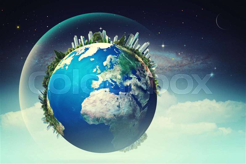 Planet in the skies, eco backgrounds with funny Earth against starry skies, stock photo