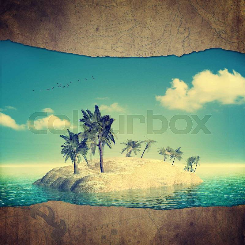 Travel and adventure backgrounds with vintage map and beautiful tropical island, stock photo
