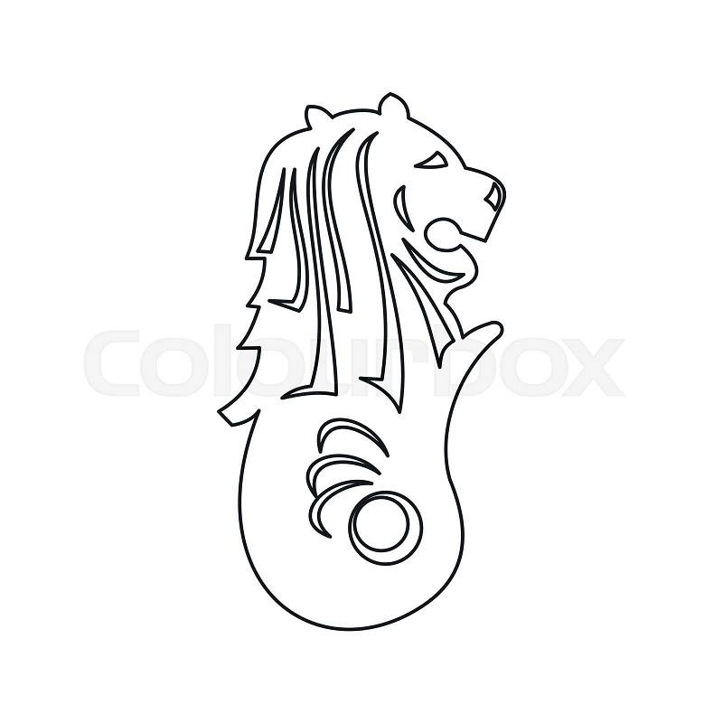 Merlion statue, Singapore icon in outline style isolated on white background, vector