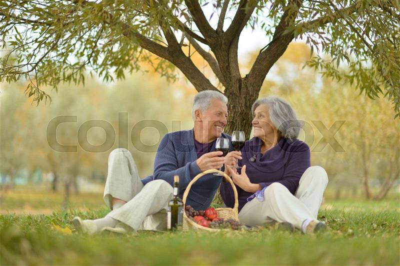 Happy mature couple having a picnic in the park in autumn, stock photo