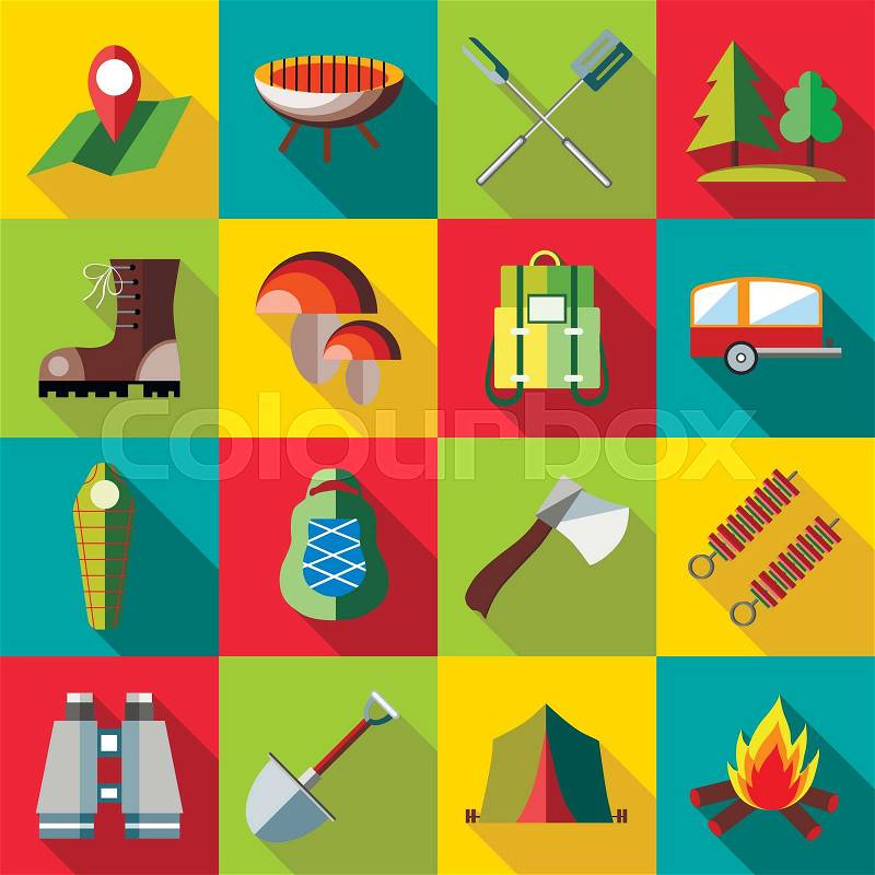 Camping icons set in flat style. Recreation tourism set collection vector illustration, vector