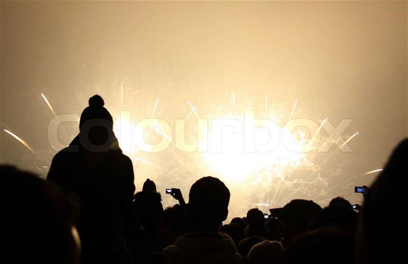 People are watching the New 2011 Year\'s Fireworks in Zurich, Switzerland, stock photo