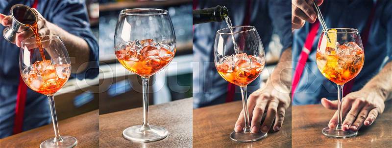 Aperol Spritz Cocktail. Alcoholic beverage based on bar counter with ice cubes and oranges. Gradual preparation of Aperol Spritz alcoholic beverage. Advantageous photo 4 in 1, stock photo