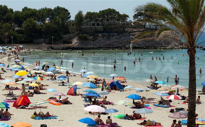 PEGUERA, SPAIN – JULY 9: Sunny hot day on the beach with people and parasols all over in summer July 9, 2011 on Peguera Platja Palmira beach on Majorca Island in Spain, stock photo