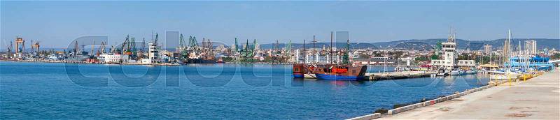 Wide panoramic photo of Varna port in summer day, Bulgaria, stock photo