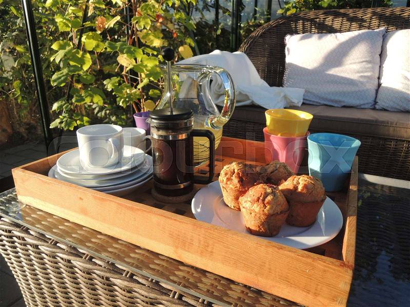 Tray with coffee and muffins ready for an afternoon break in the greenhouse, stock photo