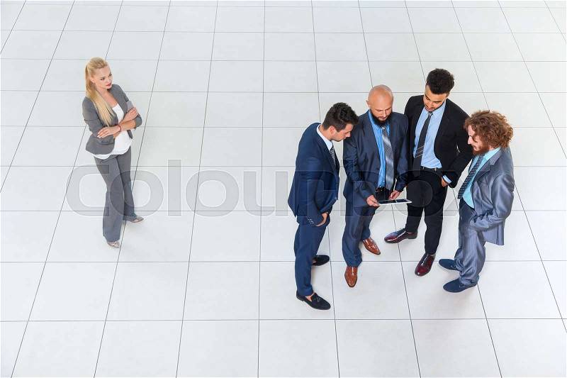 Business Men Group Discussion Meeting Using Tablet Computer, Businessmen Community Together, Businesswoman Stand Aside Concept Gender Women Rights Discrimination Top Angle View Modern Office, stock photo