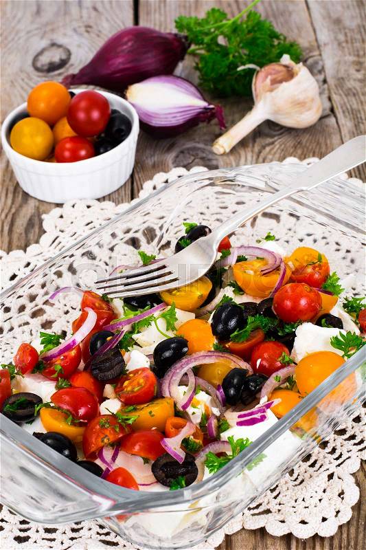 Hot Vegetable Salad with Olives and Feta Studio Photo, stock photo
