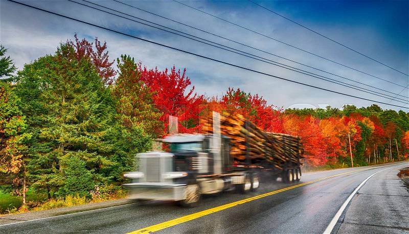 Fast moving truck along foliage road scenery, stock photo