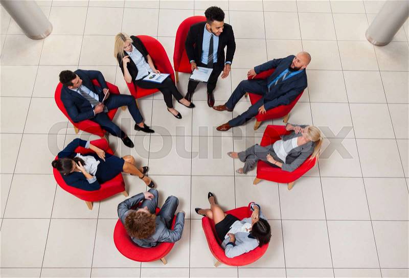 Business People Group Sit Chairs In Circle Top Angle View, Businesspeople Meeting Colleague Teamwork, stock photo