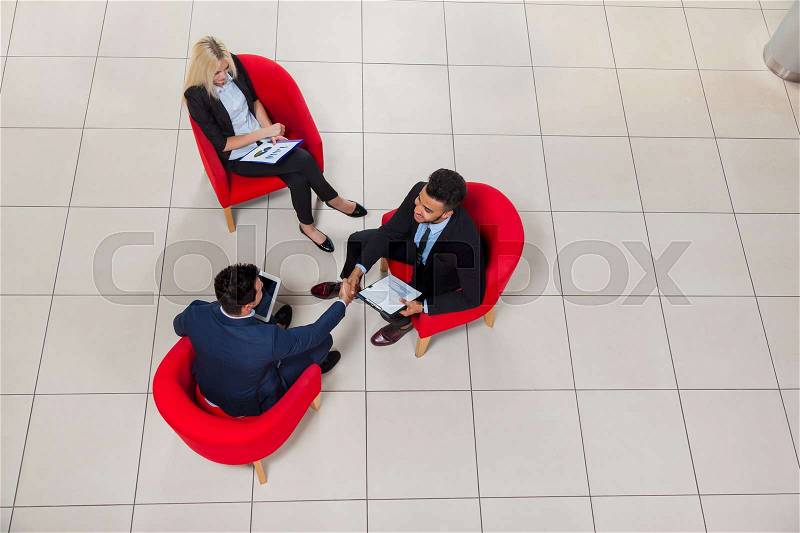 Business Man Boss Hand Shake, Businesspeople Sit In Chair Top Angle View, Businessman Handshake Sign Up Contract Agreement Deal, stock photo