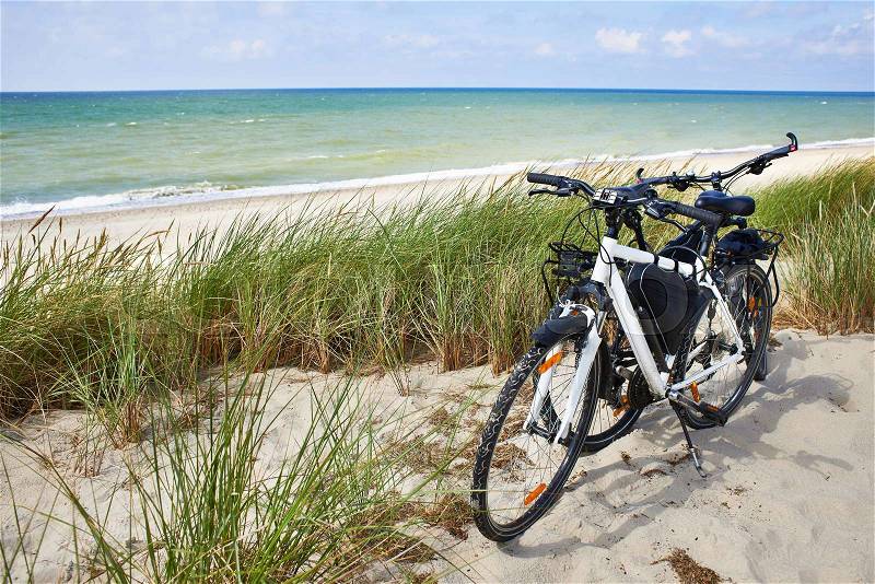 Bicycles tourists travel in nature on a sunny day, stock photo