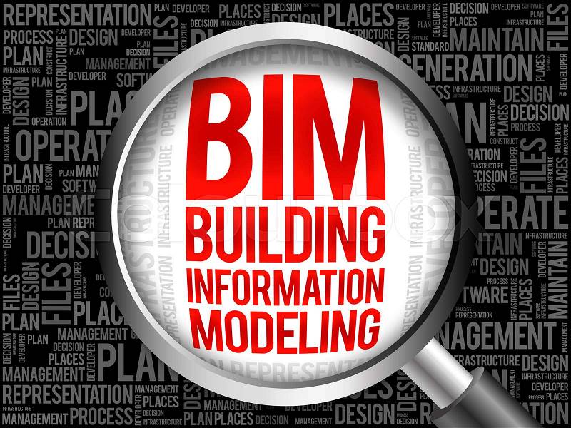 BIM - building information modeling word cloud with magnifying glass, business concept, stock photo